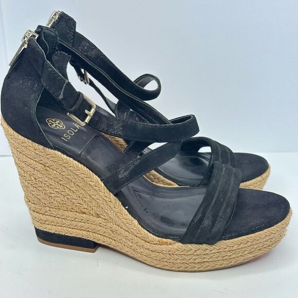 Isola Size 8 Womens Sandals Black Espadrilles Wedge Strappy Open Toe Shoes - Picture 3 of 6
